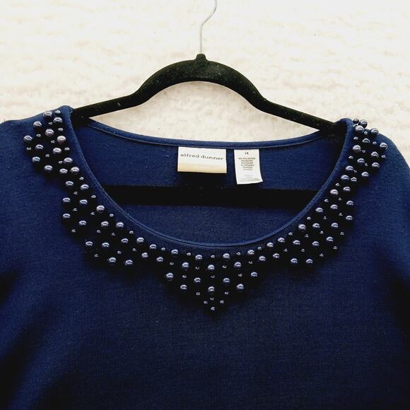 Blouse Size 1X Navy Pearl Beaded Office Siren Quiet Luxury Casual Chic Romantic - Picture 1 of 15
